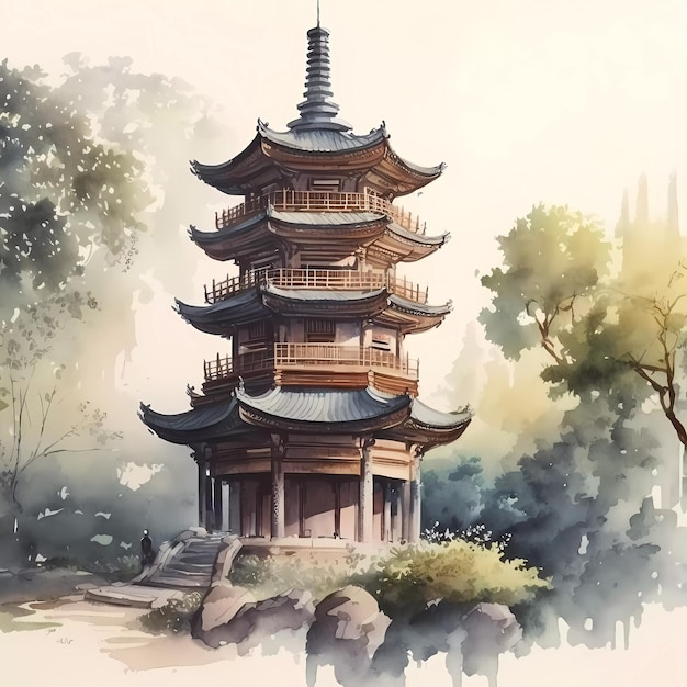 A watercolor painting of a pagoda in japan