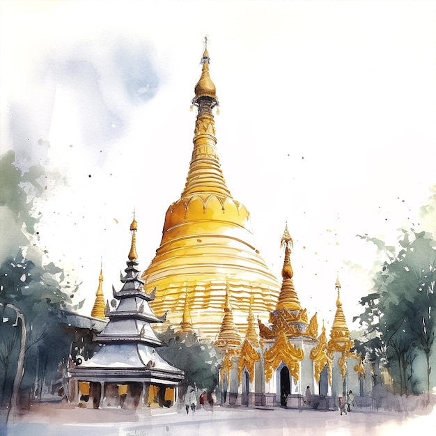 A watercolor painting of a pagoda in myanmar