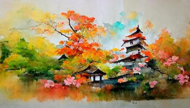 Watercolor painting of a pagoda surrounded by trees Generative Ai