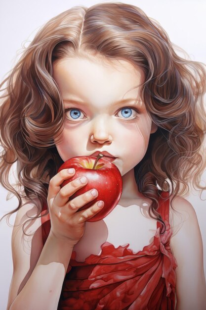 Watercolor painting of a painting of a young girl eating an apple