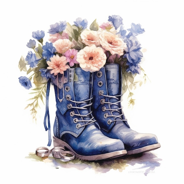 A watercolor painting of a pair of blue boots with flowers.