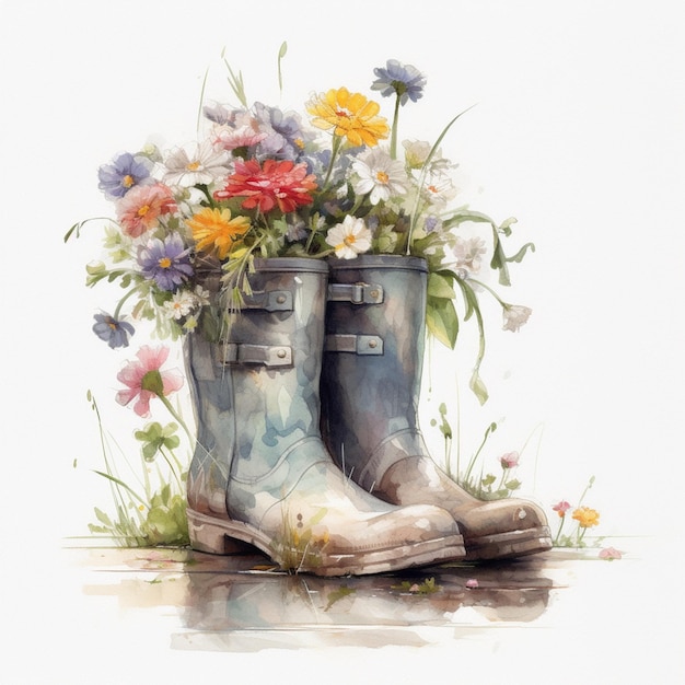 A watercolor painting of a pair of boots with flowers in it.