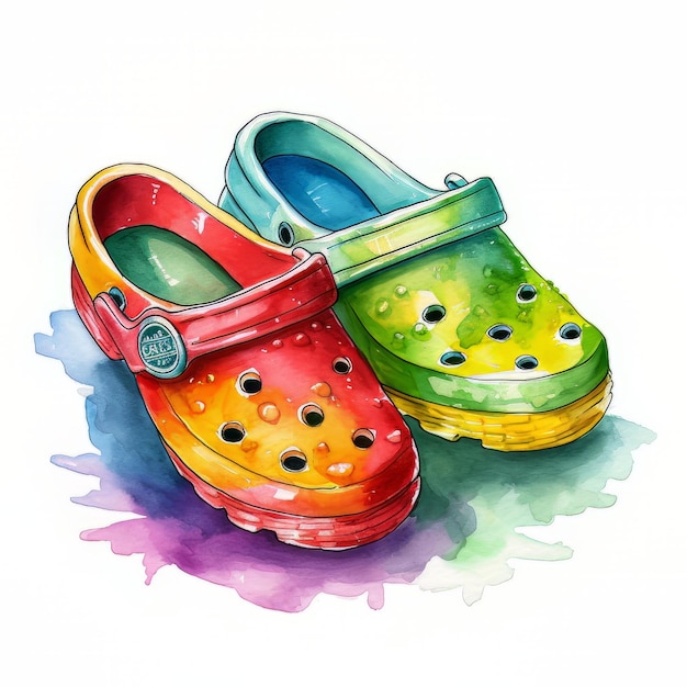 A watercolor painting of a pair of crocs