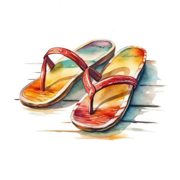 Watercolor painting of a pair of sandals on a wooden floor