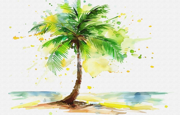 a watercolor painting of a palm tree in the foreground