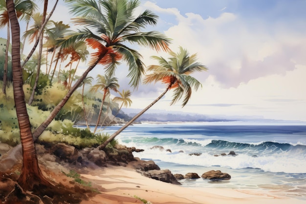 Watercolor painting of palm trees on the beach