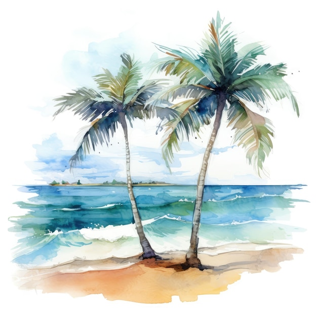 Watercolor painting of palm trees palm tree on the beach with sea