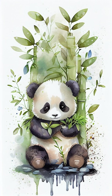 A watercolor painting of a panda sitting in a bamboo forest.