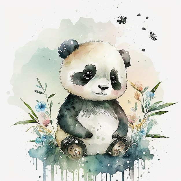 A watercolor painting of a panda sitting on a flower bed.