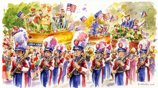 a watercolor painting of the parade of the band