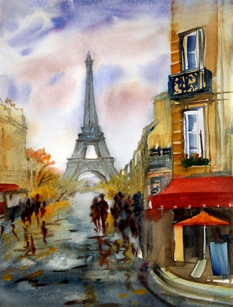 Watercolor painting of Paris street with Eiffel Tower