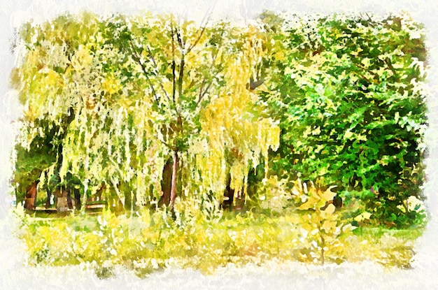 Watercolor painting park suburban landscape in bright sunny day Modern digital art imitation of hand painted with aquarells dye