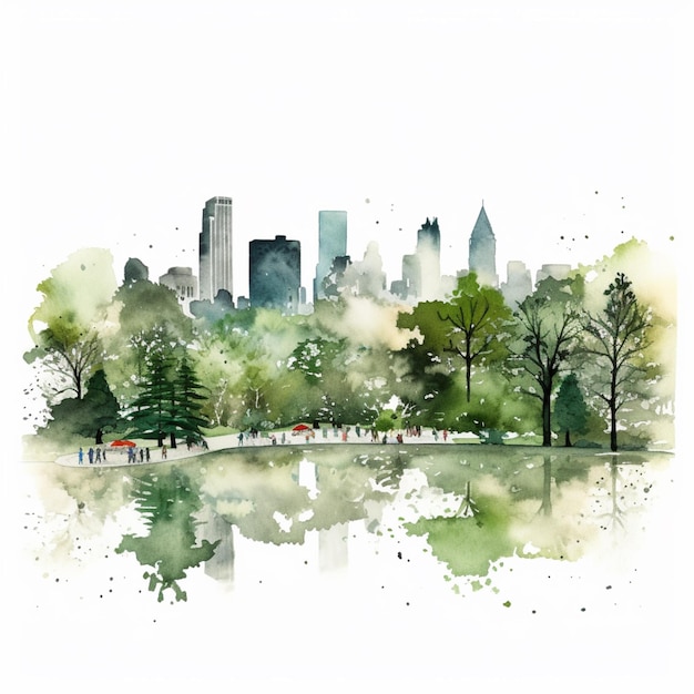 A watercolor painting of a park with a city skyline in the background.