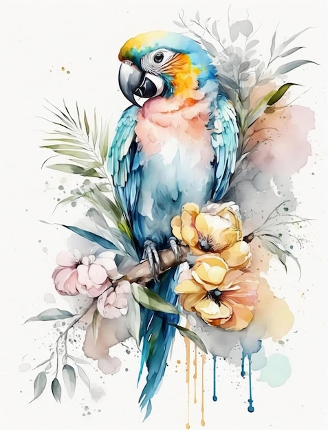 A watercolor painting of a parrot on a branch with flowers.