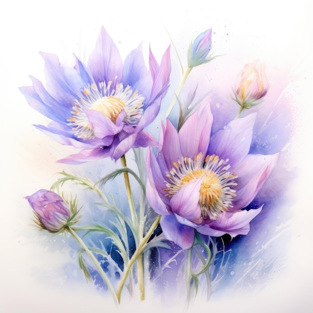 Watercolor painting of pasque flower with white background