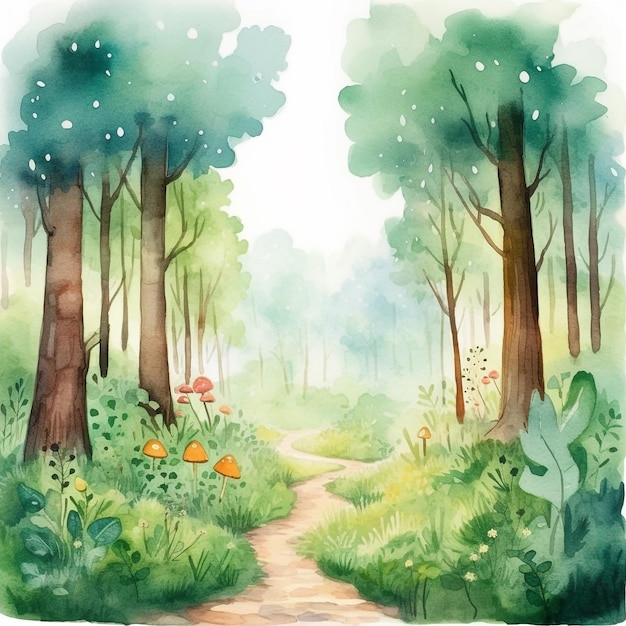 A watercolor painting of a path in a forest