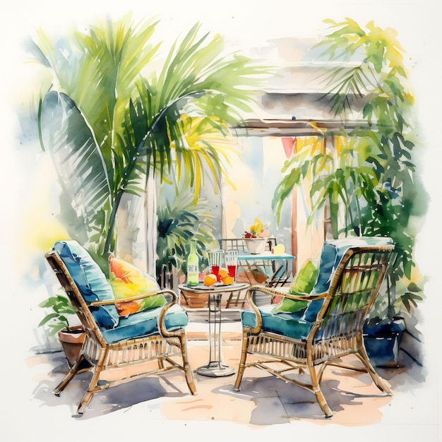 a watercolor painting of a patio with palm trees and a patio table