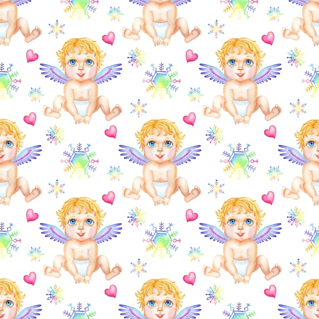 Watercolor painting pattern angel snowflakes and hearts Seamless repeating print for Valentine