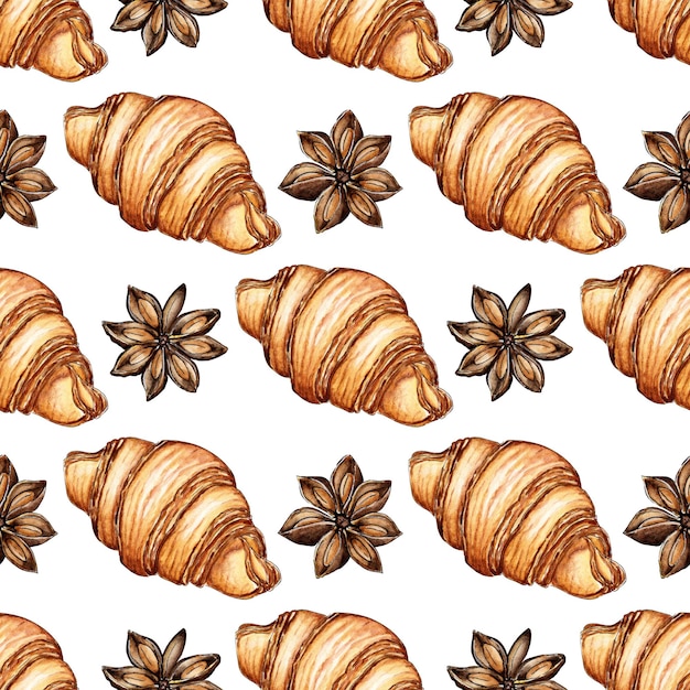 Croissant con motivo ad acquerello e stelle alla cannella stampa di cibi dolci ripetuti senza cuciture