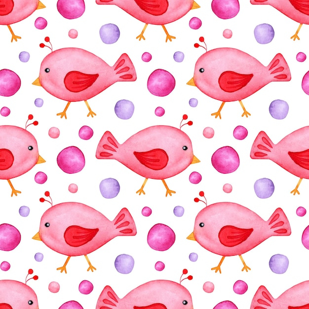 Watercolor painting pattern of doodle red bird and multicolored circle Cartoon style caricature bird