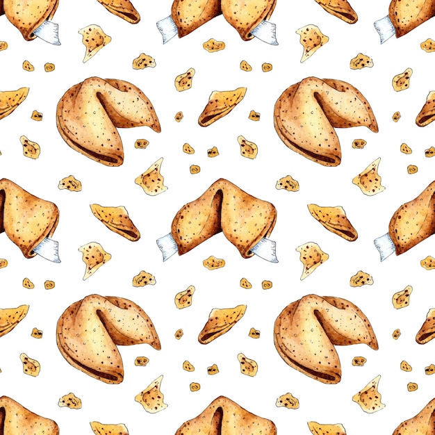 Watercolor painting pattern of fortune cookies Seamless repeating print of Chinese holiday cookies