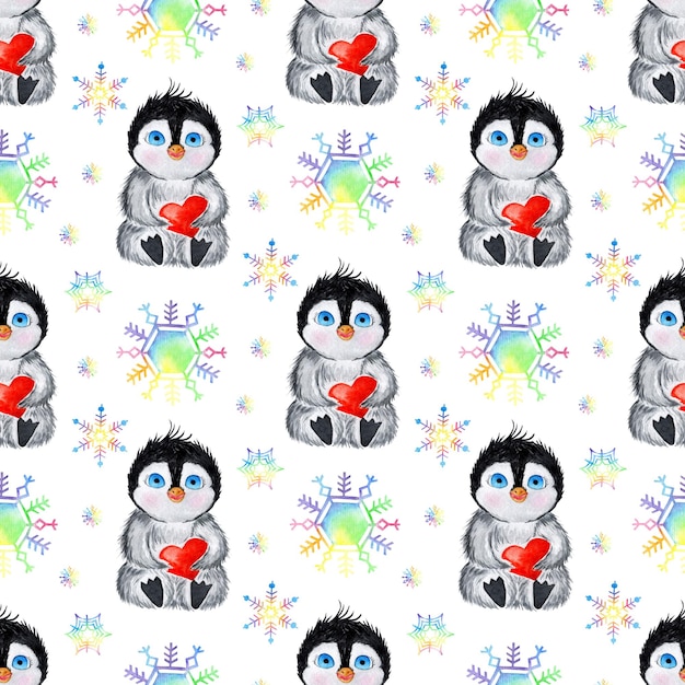 Watercolor painting pattern penguin and snowflakes Seamless repeating holiday print valentines day