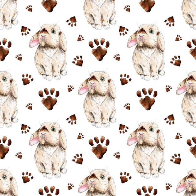 Watercolor painting pattern rabbit and paw prints Cute pet bunny Seamless repeating print