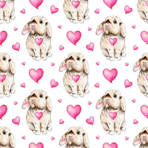 Watercolor painting pattern rabbit and pink hearts Cute rabbit Seamless repeating print for home