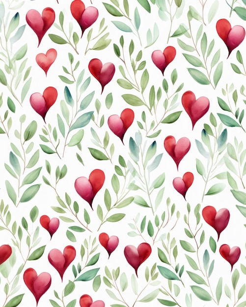 Акварельный рисунок с красными сердцами и зелеными листьями на белом фоне празднует День святого Валентина