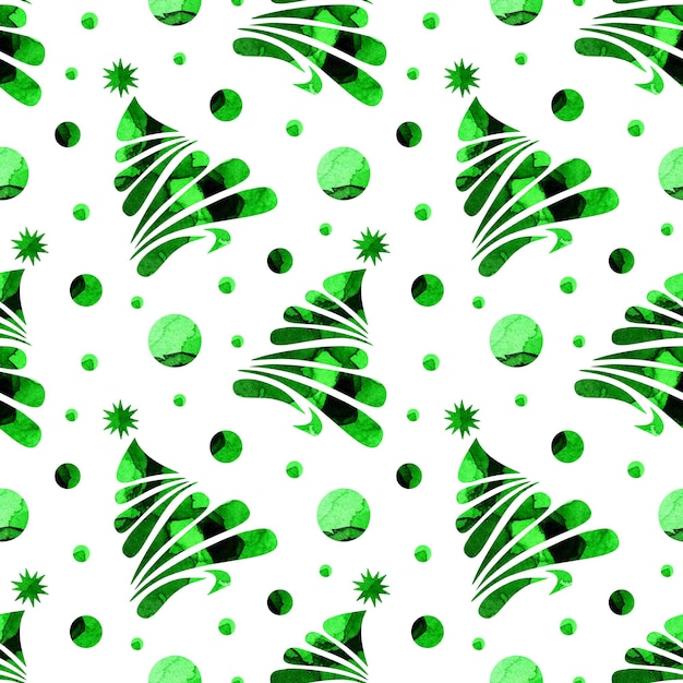 Watercolor painting pattern of silhouettes of green fir trees and drops Festive Christmas