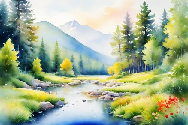 A watercolor painting of a peaceful landscape painting style illustration and wallpaper