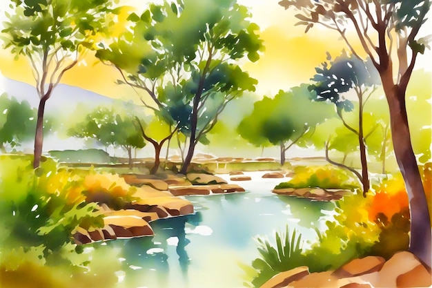 A watercolor painting of a peaceful landscape painting style illustration and wallpaper