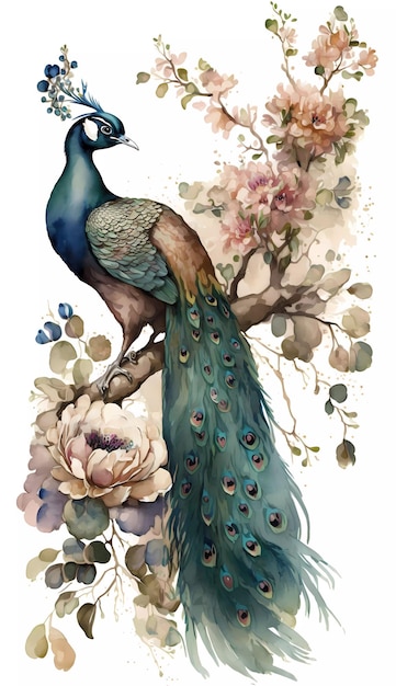 A watercolor painting of a peacock on a branch