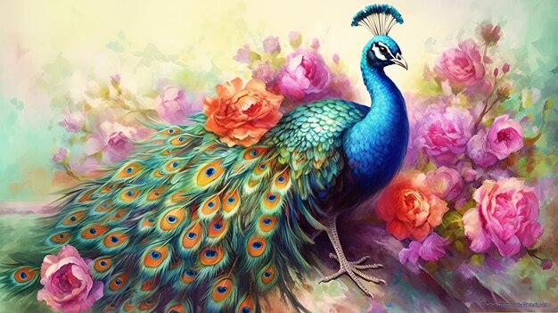 Watercolor Painting of Peacock on Flower