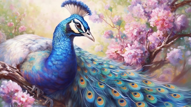 Watercolor Painting of Peacock on Flower