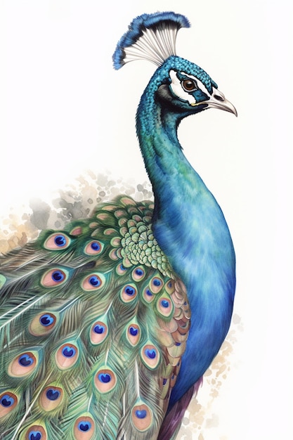A watercolor painting of a peacock with a blue tail.