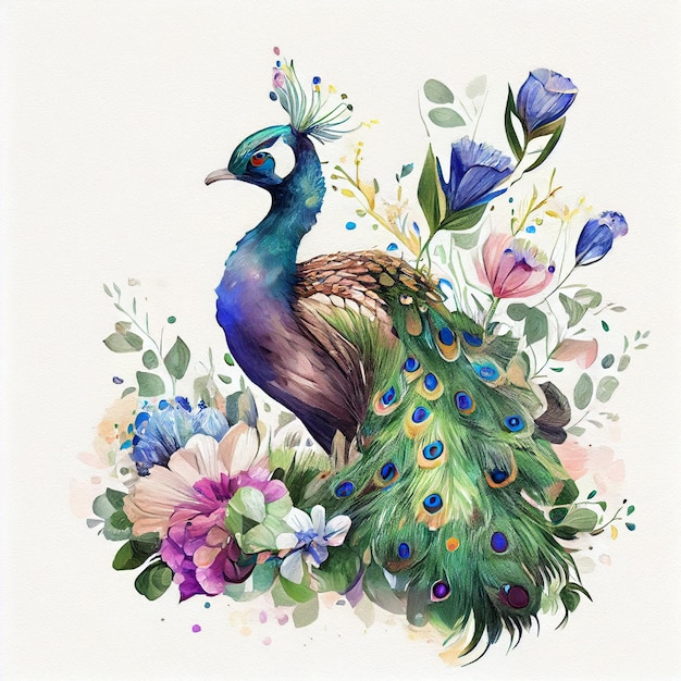 A watercolor painting of a peacock with flowers and leaves.