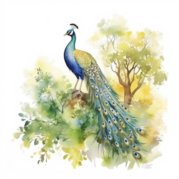 Photo watercolor painting of a peacock