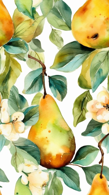 A watercolor painting of a pear and flowers.