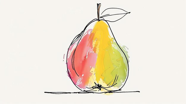 Photo a watercolor painting of a pear the pear is divided into three sections red yellow and green the pear is sitting on a white background