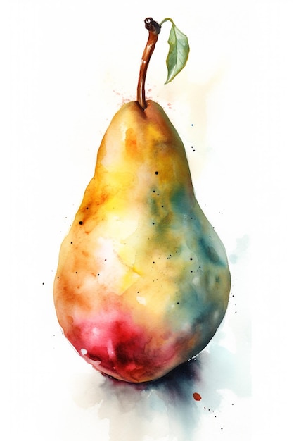 Watercolor painting of a pear with a stem