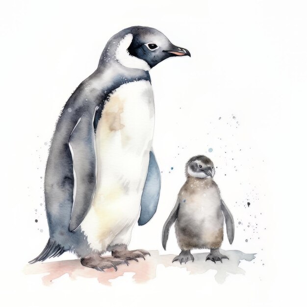 A watercolor painting of a penguin and her cub.