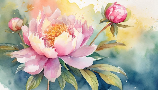 Watercolor painting of Peony flower Botanical hand drawn art Beautiful floral composition