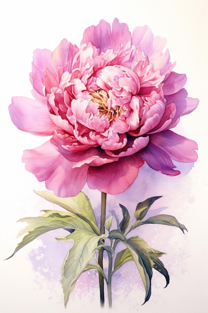 A watercolor painting of a peony with a green stem.