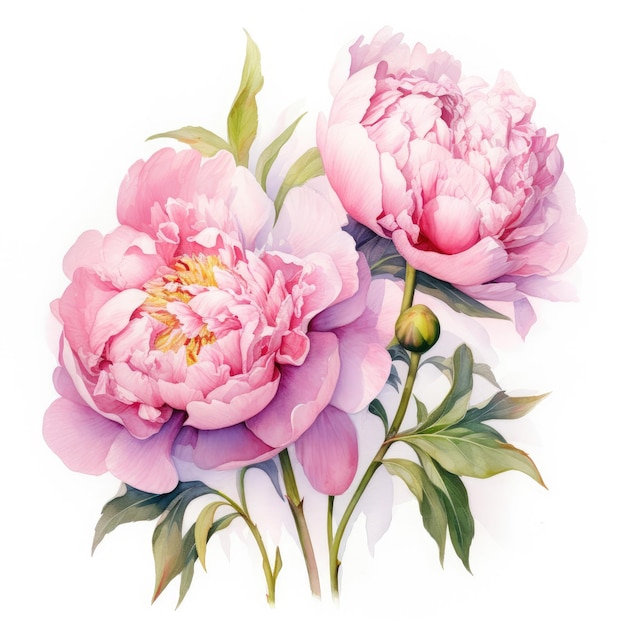 Foto pittura ad acquerello di peonia su sfondo bianco