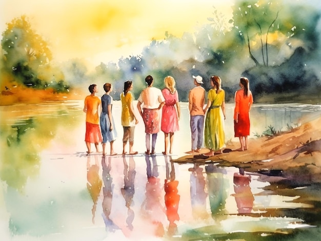 A watercolor painting of people standing on a river bank