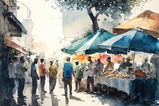 Watercolor painting of people walking to the street market for shopping