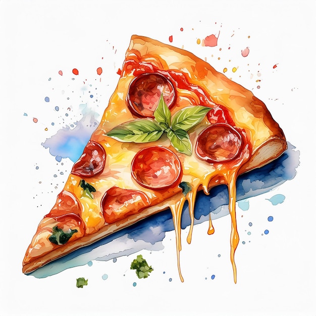 Foto pittura ad acquerello di una fetta di pizza al peperoni. pasta gustosa, spuntino delizioso, disegno a mano.