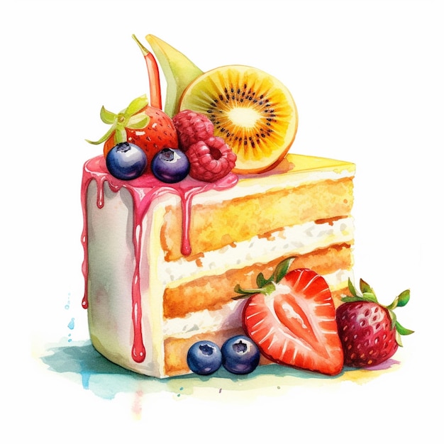 A watercolor painting of a piece of cake with fruit on it