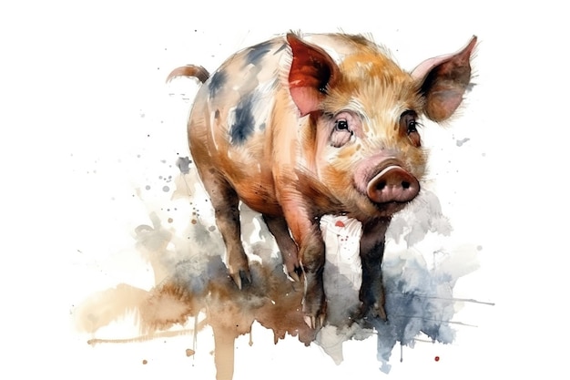 Watercolor painting of a pig on a white background Farm Animals Illustration generative AI